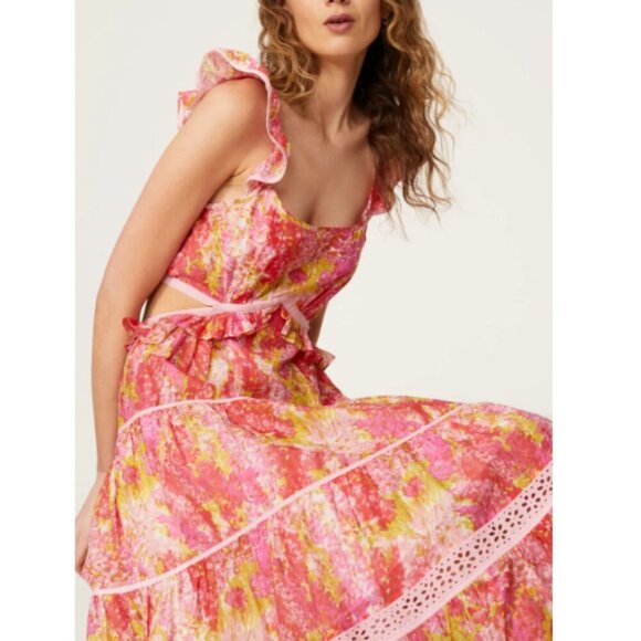 LoveShackFancy Dress Womens Size XL Pink Madsen Maxi Watercolor Print Cut-Out - Picture 12 of 12